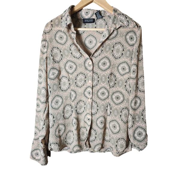 NEW YORK & COMPANY Tan Black Pink Retro Geometric Print Boho Hippie Top SZ M - Picture 1 of 9
